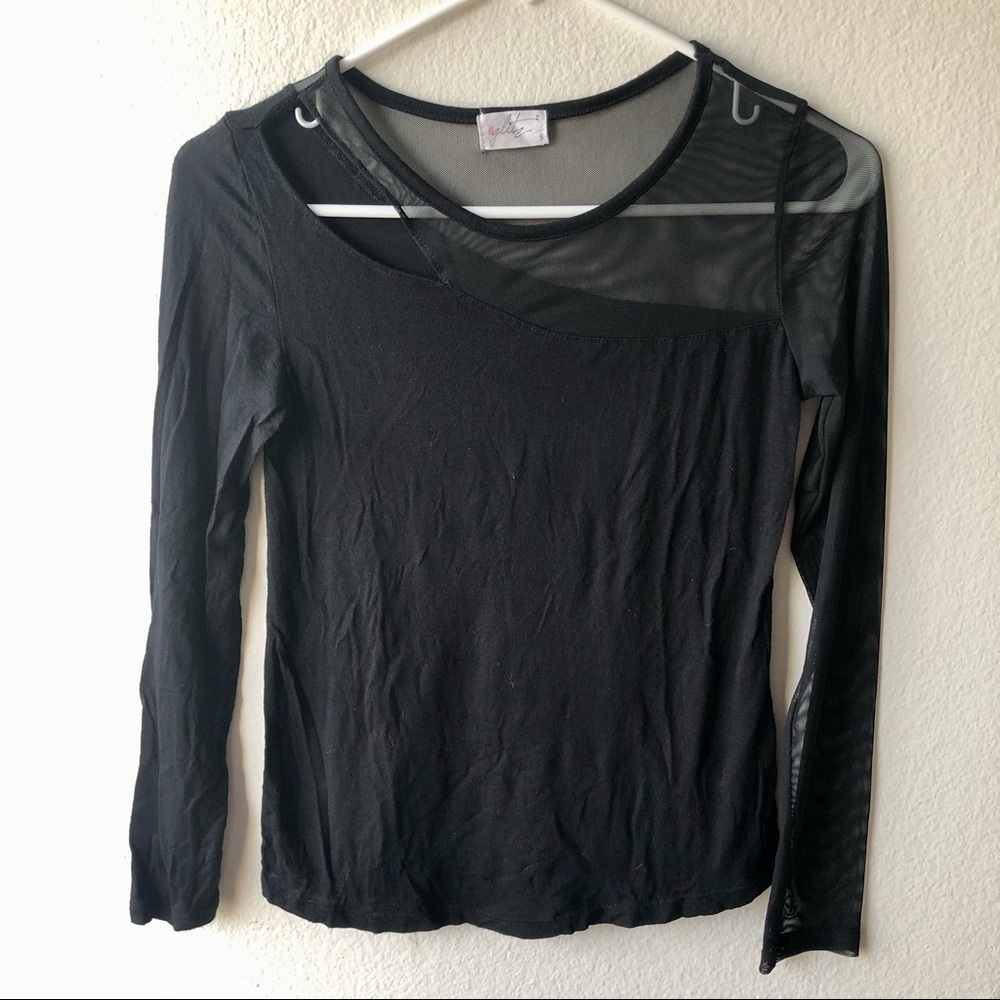 Glitz Black Asymmetrical Mesh Long Sleeve Top